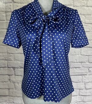 Vintage 70's Amy-Deb Adorable Blue & White Polka Dot Neck Bow Blouse